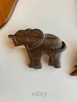 Lot Of 7 Vintage Hand Carved Wooden Wood Pin Brooch Animals Birds Bear Dog Deer