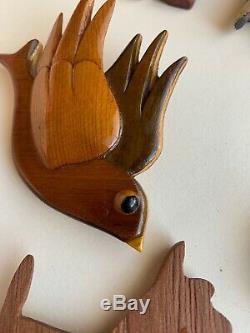 Lot Of 7 Vintage Hand Carved Wooden Wood Pin Brooch Animals Birds Bear Dog Deer