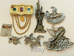 Lot of 7 Vintage Brooches JJ Fairy Whimsy Egyptian Revival Brooch Snowman Birds