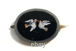 Lovely Antique Micro Mosiac Onyx inlayed Birds Brooch 10k Gold