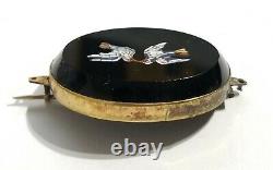 Lovely Antique Micro Mosiac Onyx inlayed Birds Brooch 10k Gold
