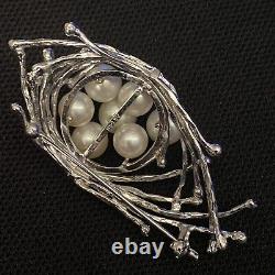 Lovely Vintage Estate 950 High Silver & Pearl Birds Nest Brooch 2 1/4 X 1 1/16