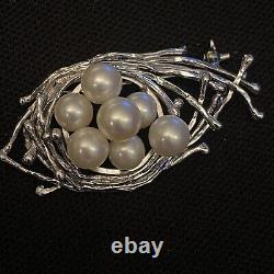 Lovely Vintage Estate 950 High Silver & Pearl Birds Nest Brooch 2 1/4 X 1 1/16