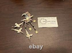 Lunch At The Ritz Brooch Pin Moon Stars Birds Signed 1989 Vintage