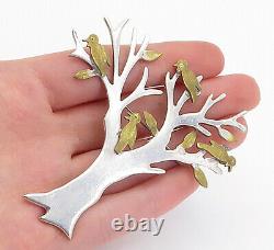MEXICO 925 Silver Vintage Two Tone Birds Perched In A Tree Brooch Pin BP6155