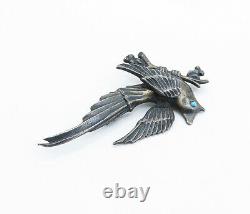 MEXICO 925 Sterling Silver Vintage Antique Turquoise Bird Brooch Pin BP2458