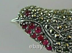 Marcasite Vintage Ruby Red Robin Bird Pendant/Brooch Solid Silver