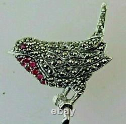 Marcasite Vintage Ruby Red Robin Bird Pendant/Brooch Solid Silver