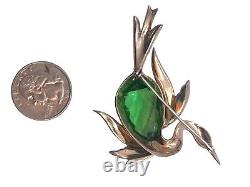 Marked Sterling Figural Flying Heron Bird Brooch Green Faceted Belly Crystal