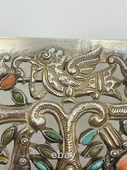 Matl Vintage Mexican Sterling Silver Coral Turquoise Large Bird Brooch Pin