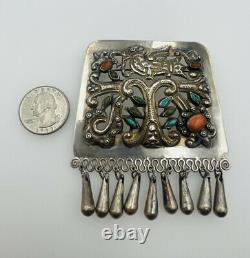 Matl Vintage Mexican Sterling Silver Coral Turquoise Large Bird Brooch Pin