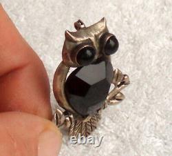 Mexico Sterling Silver Vintage / Antique Black Onyx Owl Brooch Pin Bird Of Prey