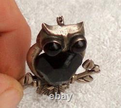 Mexico Sterling Silver Vintage / Antique Black Onyx Owl Brooch Pin Bird Of Prey