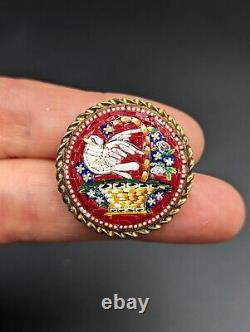 Micro Mosaic Dove Bird Brooch Round Pin, Italy, Grand Tour Souvenir