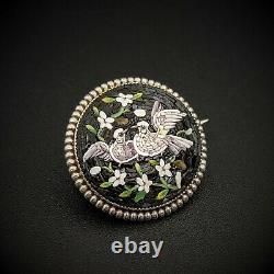 Micro Mosaic Silver Dove Bird Brooch Pin, Grand Tour, Italy