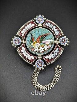 Micromosaic Brooch Bird Silver Antique Pin Grand Tour Italy