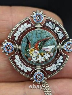 Micromosaic Brooch Bird Silver Antique Pin Grand Tour Italy