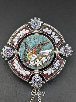 Micromosaic Brooch Bird Silver Antique Pin Grand Tour Italy