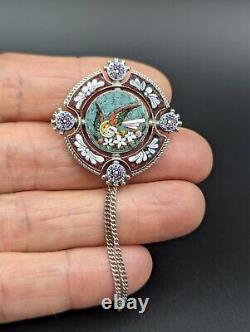 Micromosaic Brooch Bird Silver Antique Pin Grand Tour Italy