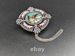 Micromosaic Brooch Bird Silver Antique Pin Grand Tour Italy