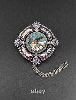 Micromosaic Brooch Bird Silver Antique Pin Grand Tour Italy