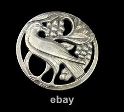 Mid Century Sterling Silver Bird Eating Berries Brooch Round Floral Vintage Pin