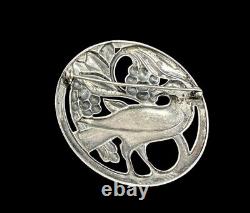 Mid Century Sterling Silver Bird Eating Berries Brooch Round Floral Vintage Pin