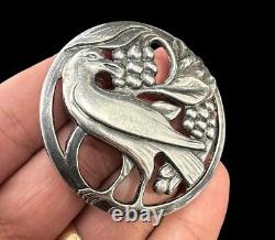 Mid Century Sterling Silver Bird Eating Berries Brooch Round Floral Vintage Pin