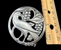 Mid Century Sterling Silver Bird Eating Berries Brooch Round Floral Vintage Pin