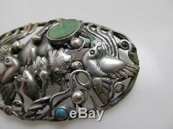 Neat Vintage Mexican Sterling Silver Pin Brooch Turquoise Birds Handmade
