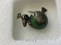 Old Vintage Mexico Taxco 980 Sterling Silver Green Stone Bird Pin Brooch