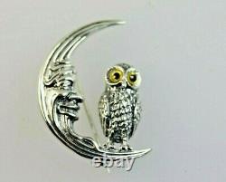 Owl Bird Brooch Celestial Moon Sterling Silver Vintage Style
