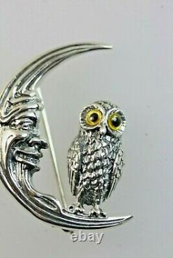 Owl Bird Brooch Celestial Moon Sterling Silver Vintage Style
