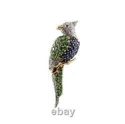 Parrot Pin Brooch Sapphire Peridot Ruby Diamonds 18k Yellow Gold Vintage Bird