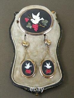 Pietra Dura Antique Brooch and Earrings bird and grape decor