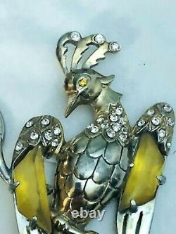 RARE 1940's Figural Bird Brooch Rhinestone Embedded Amber Stones In Wings