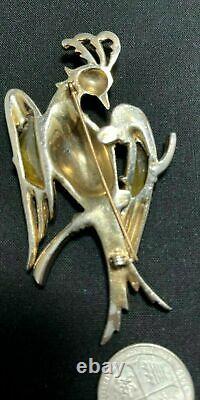 RARE 1940's Figural Bird Brooch Rhinestone Embedded Amber Stones In Wings
