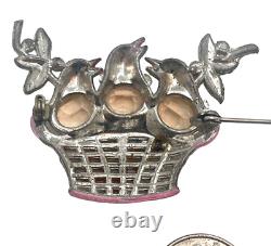 RARE Enameled Three Birds in Basket Figural Vintage 1930's Brooch