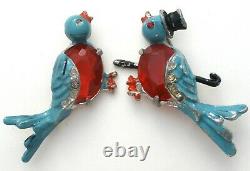 RARE Gene Verrecchio Pair of Birds CORO Blue & Red Jelly Belly Enamel Mr. & Mrs