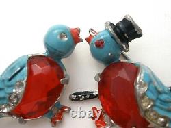 RARE Gene Verrecchio Pair of Birds CORO Blue & Red Jelly Belly Enamel Mr. & Mrs