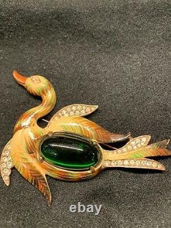 RARE Huge Coro Craft Figural Duck Enameled Brooch Emerald Green Belly Rhinestone