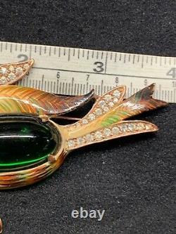 RARE Huge Coro Craft Figural Duck Enameled Brooch Emerald Green Belly Rhinestone