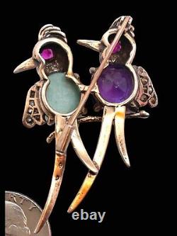RARE Sterling Silver Vermiel Figural Two Birds on Branch Amethyst & Cab Bellies