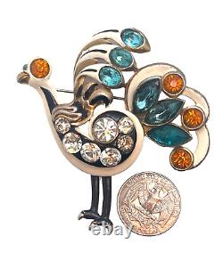 RARE Stylized Enameled Bird Peacock Figural Brooch Teal & Amber Rhinestones