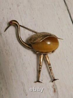 RARE Victorian Art Nouveau 14kt Gold Crane Heron Bird Brooch Ruby Tiger's Eye