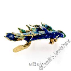 RARE Vintage 14k Gold Ruby with Green & Blue Enamel Textured Love Birds Pin Brooch