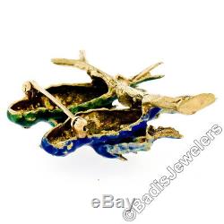 RARE Vintage 14k Gold Ruby with Green & Blue Enamel Textured Love Birds Pin Brooch