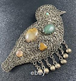 RARE Vintage Antique Huge Filigree Bird Brooch Pin Colorful Quartz Stone