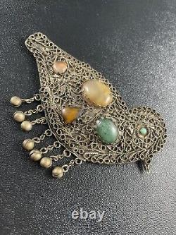 RARE Vintage Antique Huge Filigree Bird Brooch Pin Colorful Quartz Stone