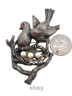 RARE Vintage Figural Birds & Nest Dimensional Brooch Faux Pearl Eggs